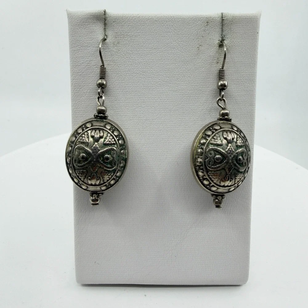Owl Medallion Dangle Earrings Antiqued Silver Tone Green Patina Boho Gothic